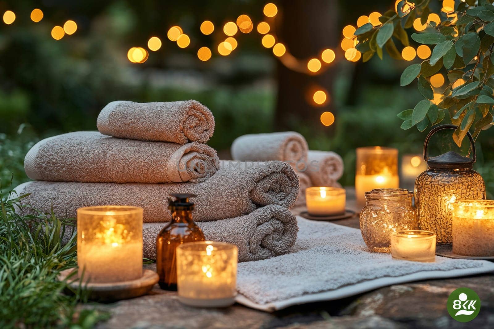 Soft towels are neatly arranged beside glowing candles, creating a tranquil atmosphere in a garden, illuminated by warm decorative lights at dusk.
