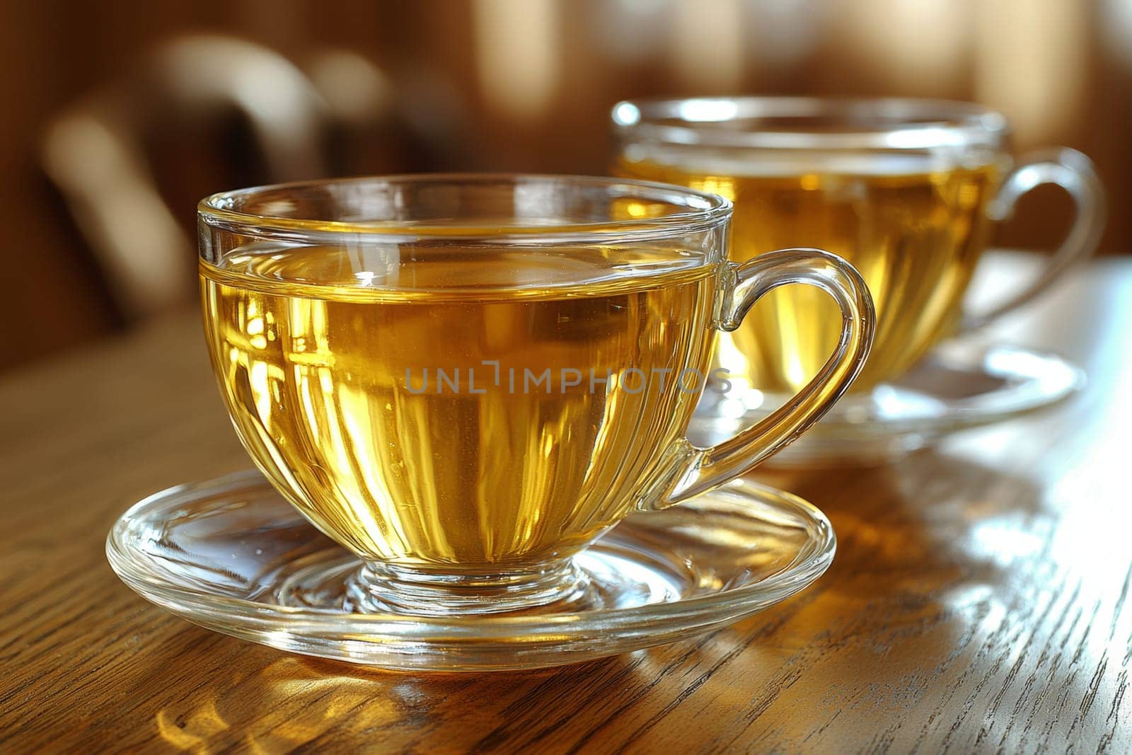 Two clear cups of freshly brewed tea rest on a wooden table, inviting moments of relaxation in a warm, cozy atmosphere during the afternoon.