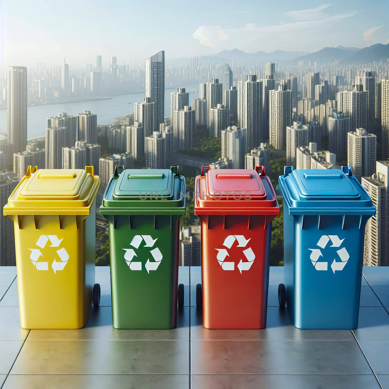 Colorful trash containers on a rooftop overlooking the city. Recycling and environmental initiatives for sustainable development.
