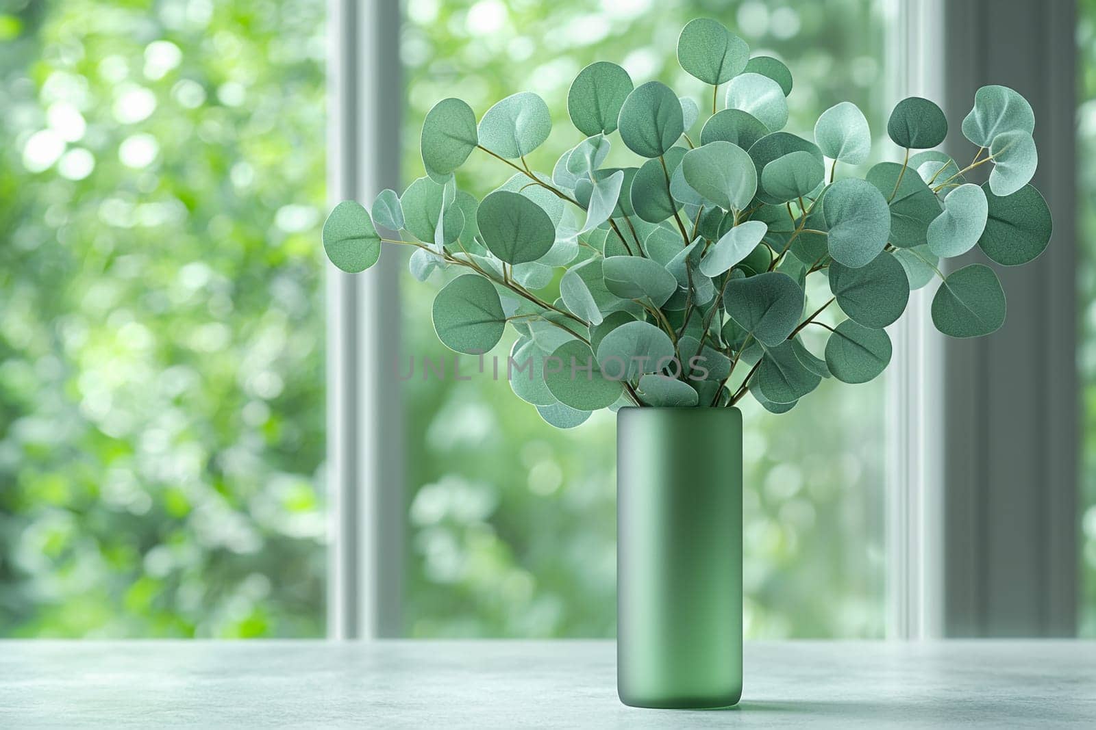 A simple green vase holds fresh eucalyptus leaves, adding a touch of nature to a bright interior space filled with natural light.