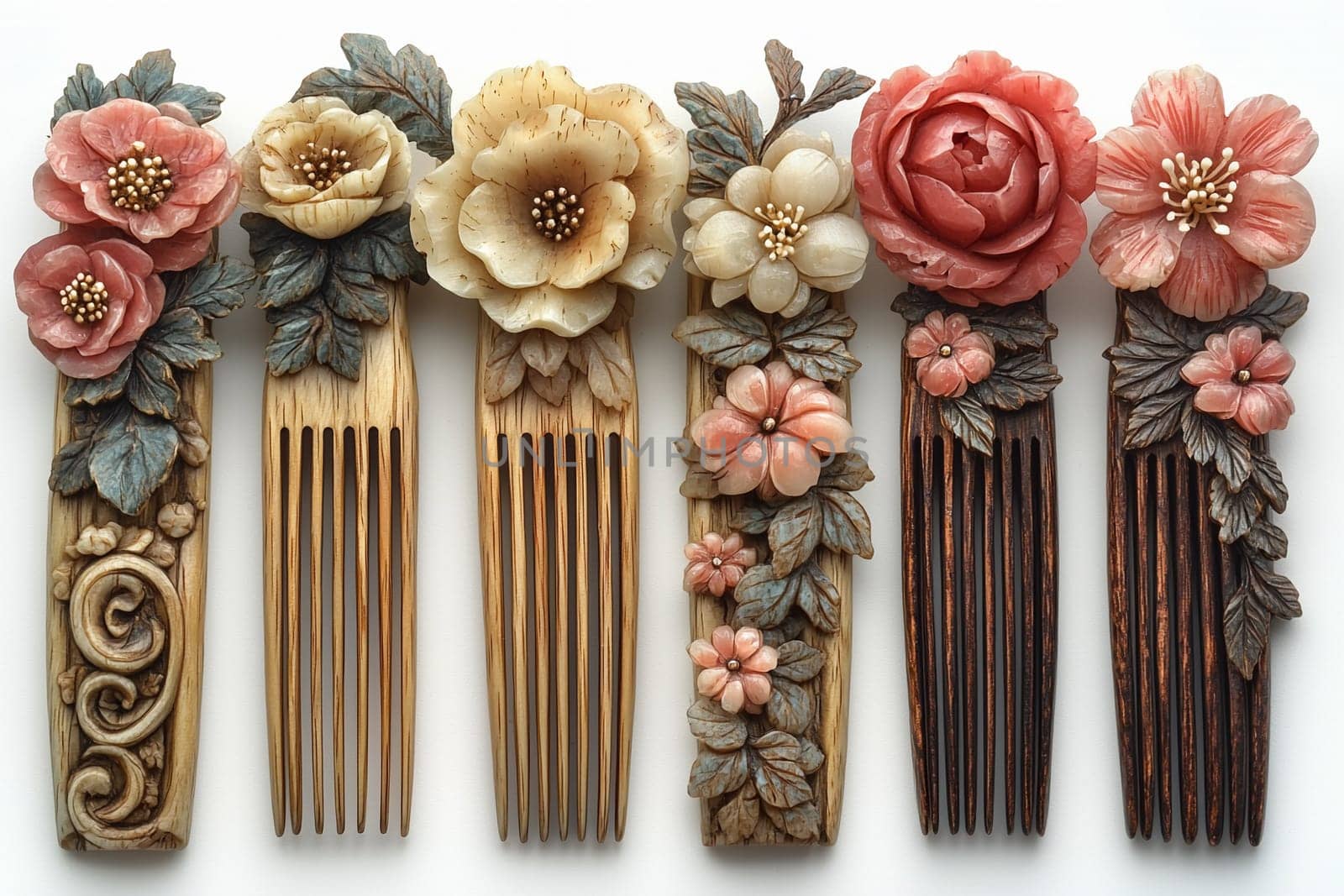 Six ornate hair combs are arranged together, each featuring unique floral designs carved from wood in natural tones and pastel colors.