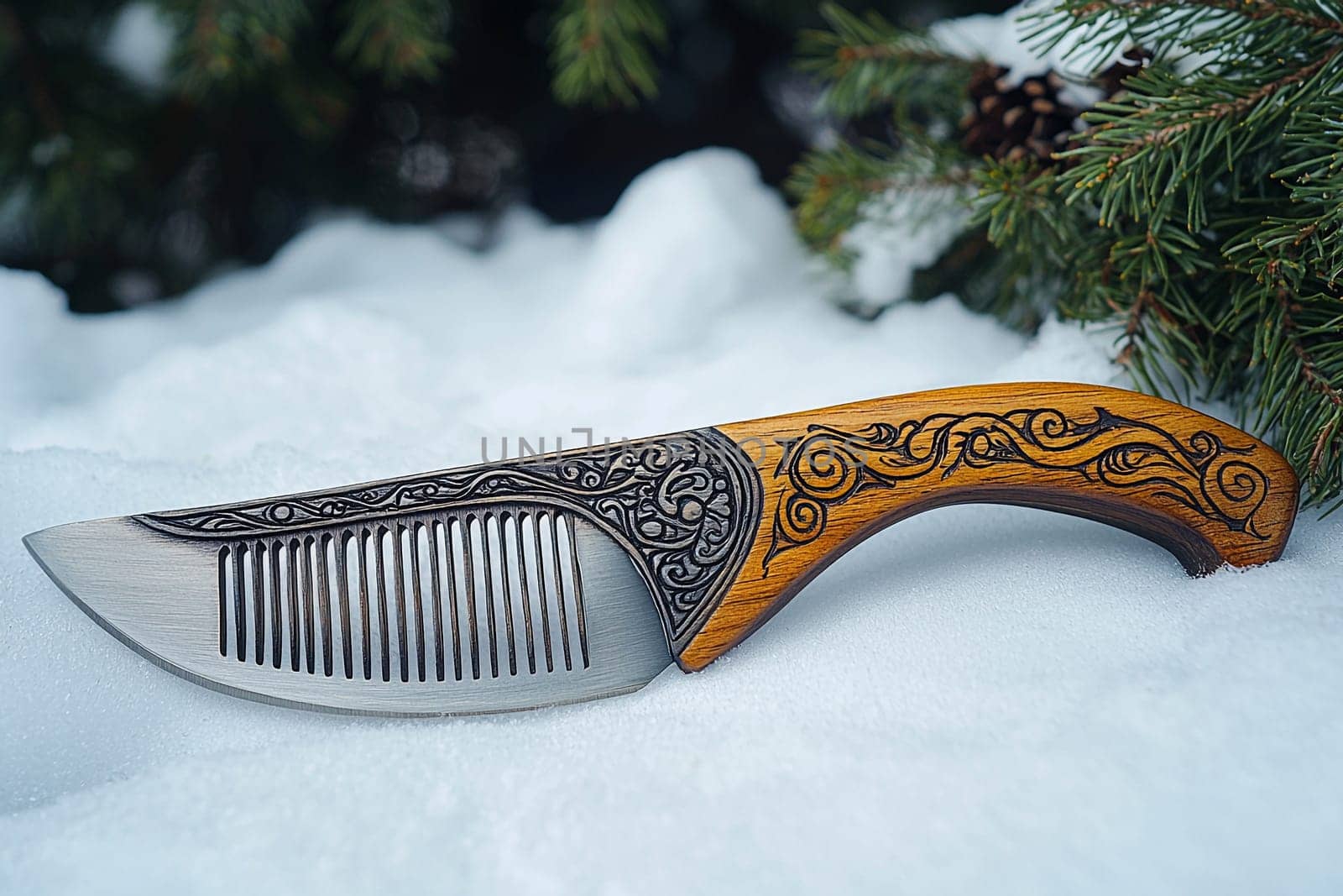 A beautifully designed knife features a wooden handle with ornate carvings, set against a backdrop of soft white snow and evergreen branches in winter.