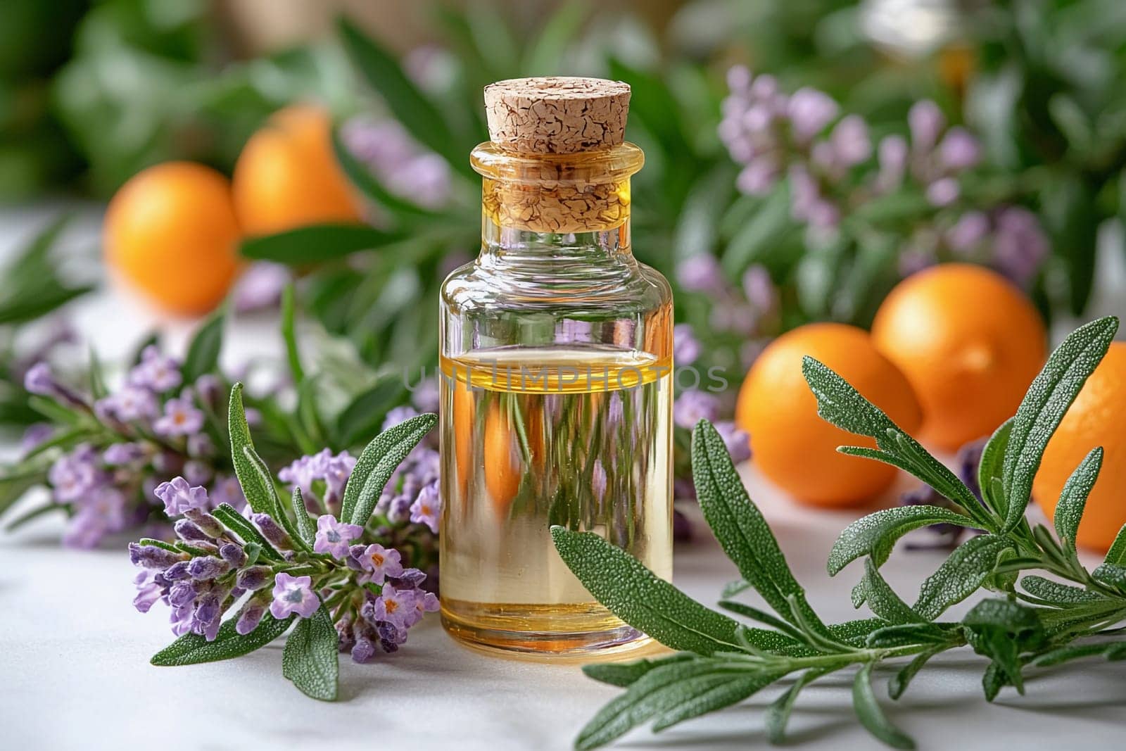 Essential oil in a clear bottle sits among vibrant citrus fruits and aromatic herbs on a marble surface, showcasing a natural and fresh arrangement.