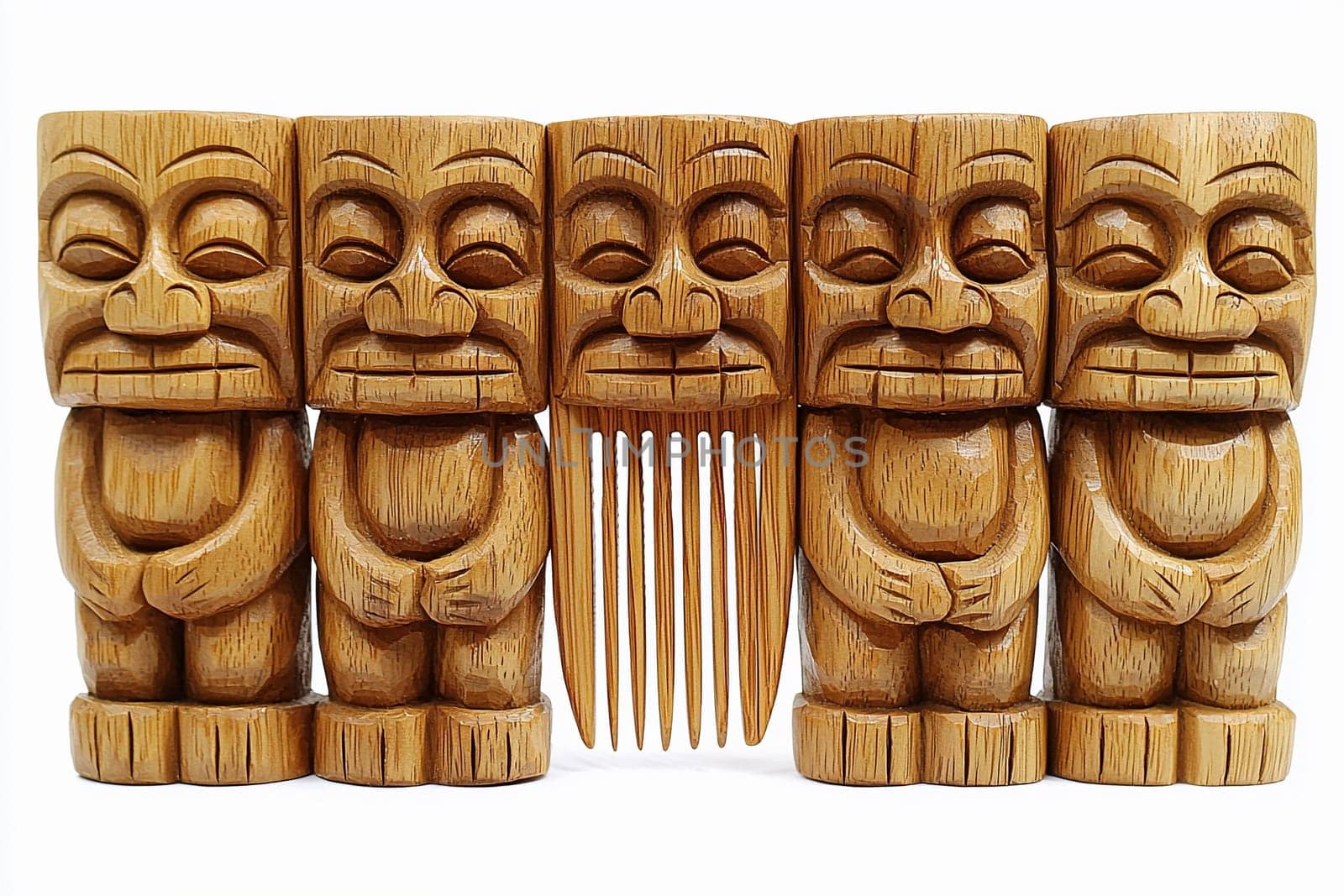 Intricately carved wooden figures stand side by side, with one holding a finely designed hair comb, reflecting traditional craftsmanship and cultural significance.
