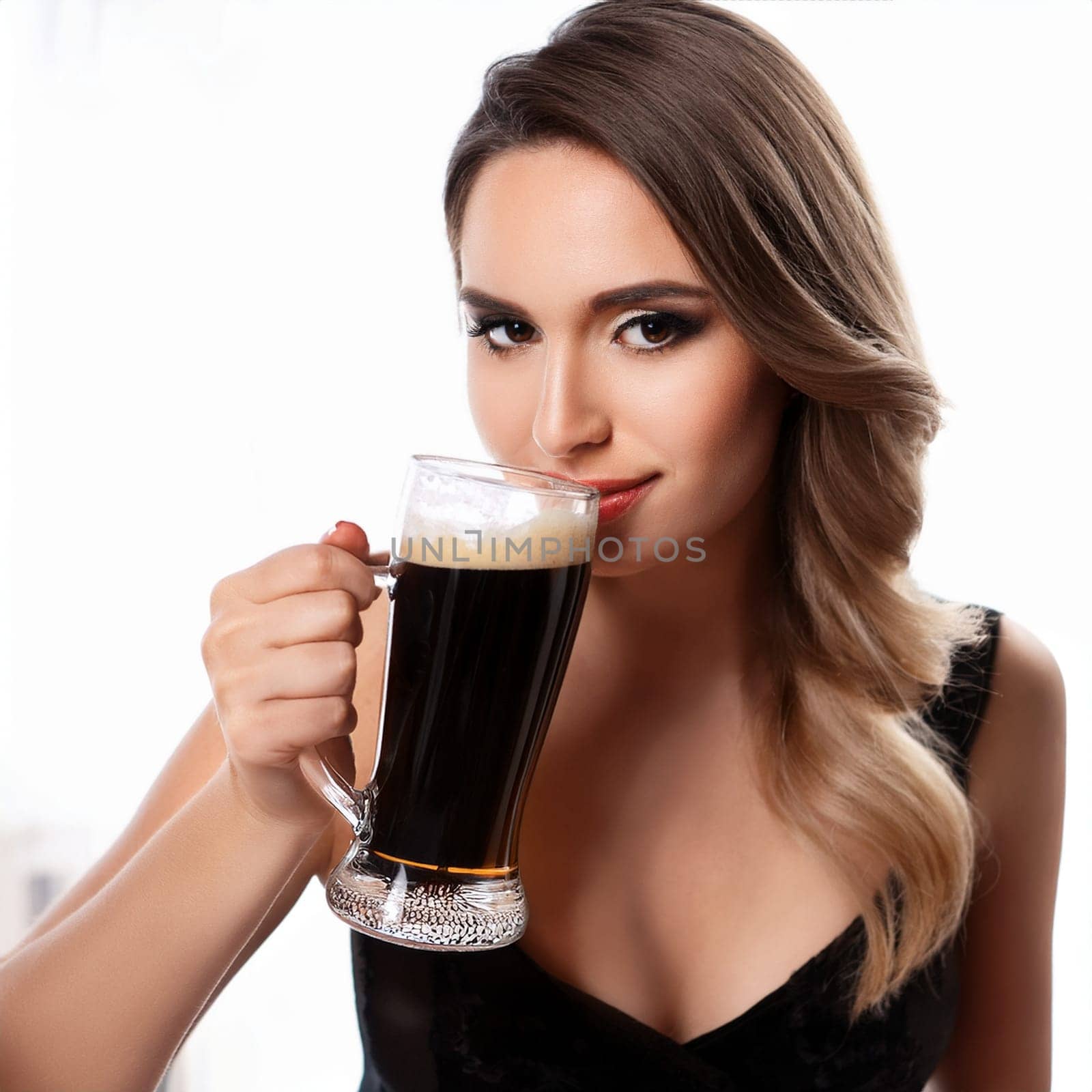 pretty young woman drinking stout beer, AI generated image