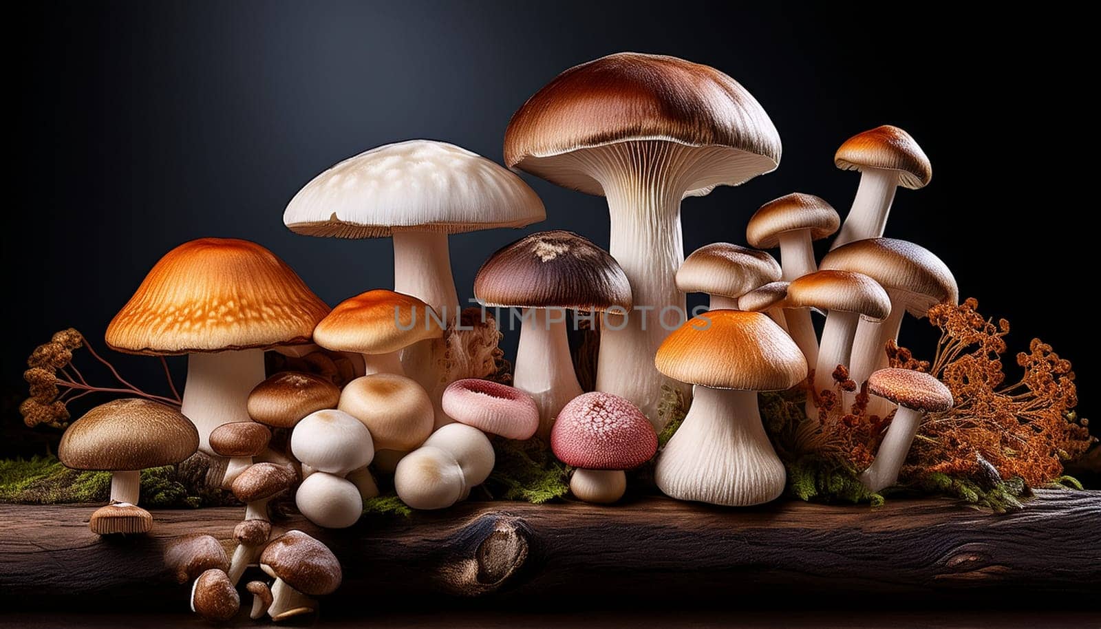 mixed mushrooms on tree trunk AI generated image