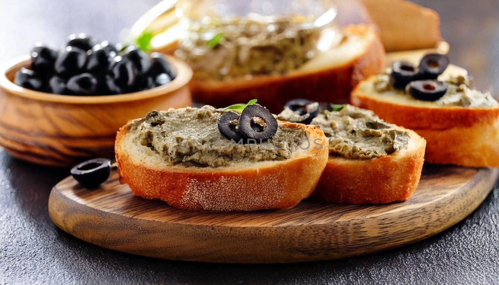 sliced bread with black olives pate spread topping AI generated image