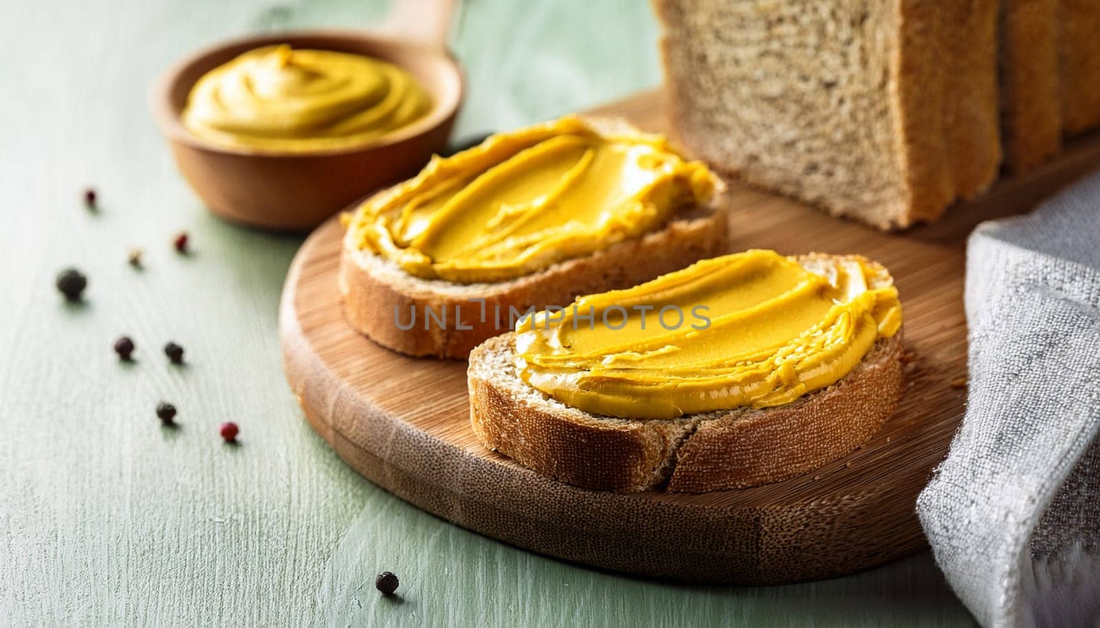 sliced bread with mustard spread topping AI generated image