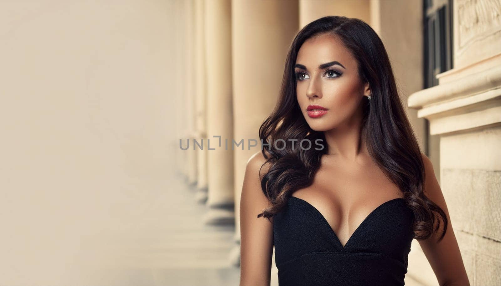 pretty young woman mini black dress, AI generated image