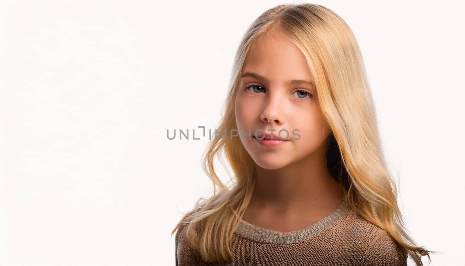 smiling blond girl over white background, AI generated image