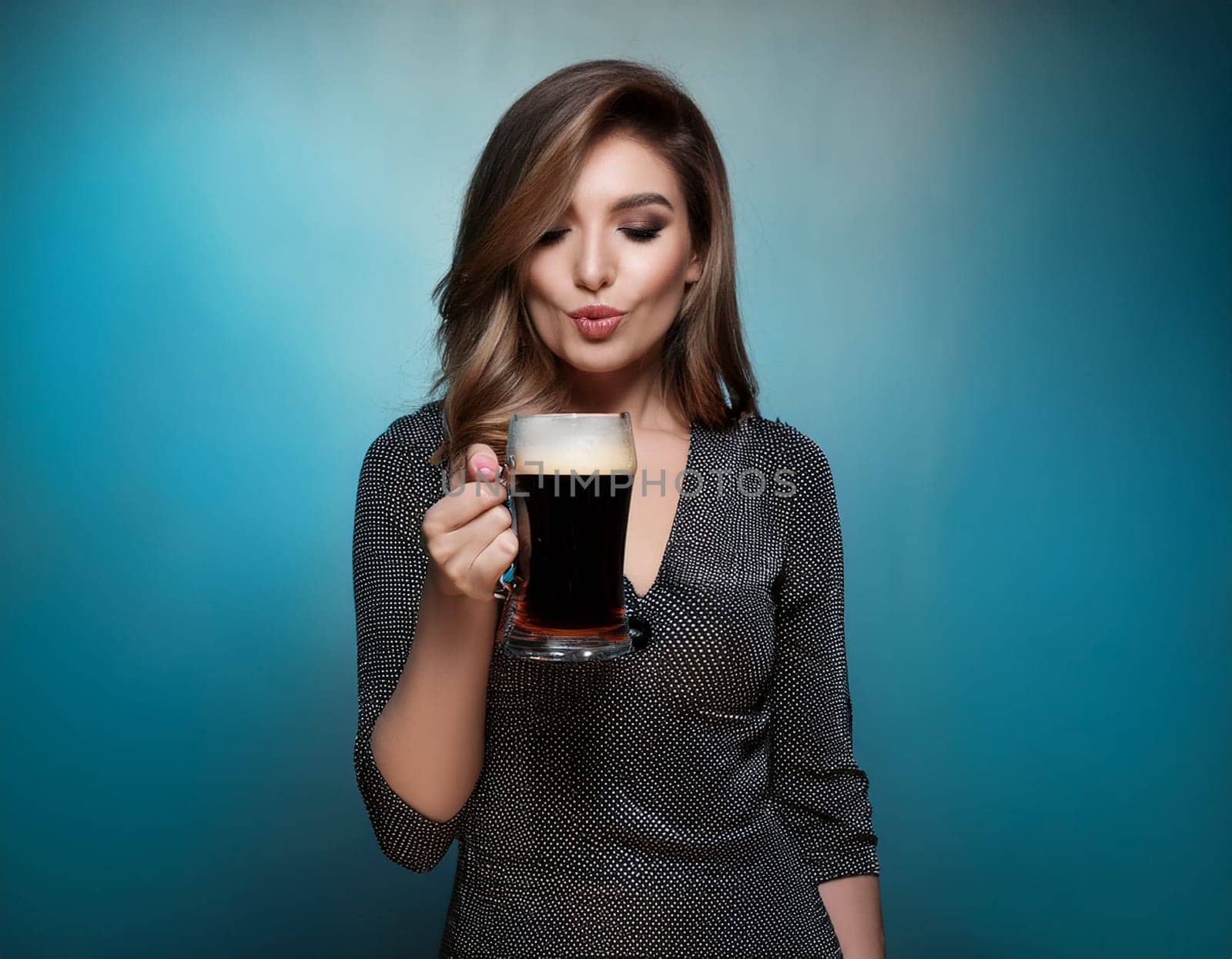 pretty young woman drinking stout beer, AI generated image