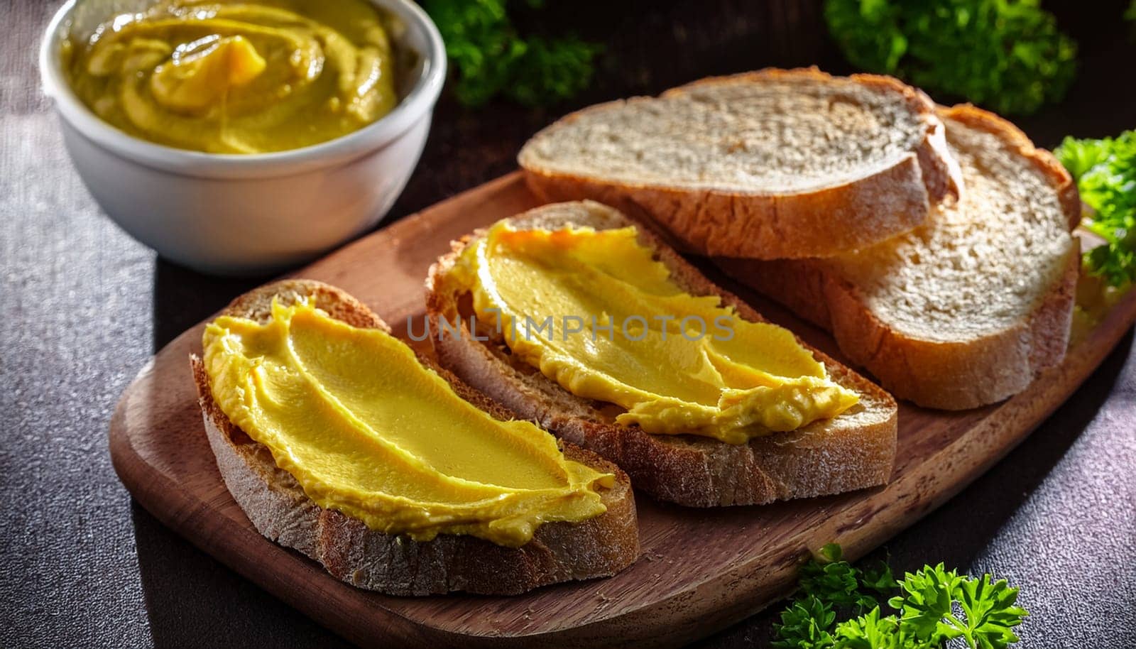 sliced bread with mustard spread topping AI generated image