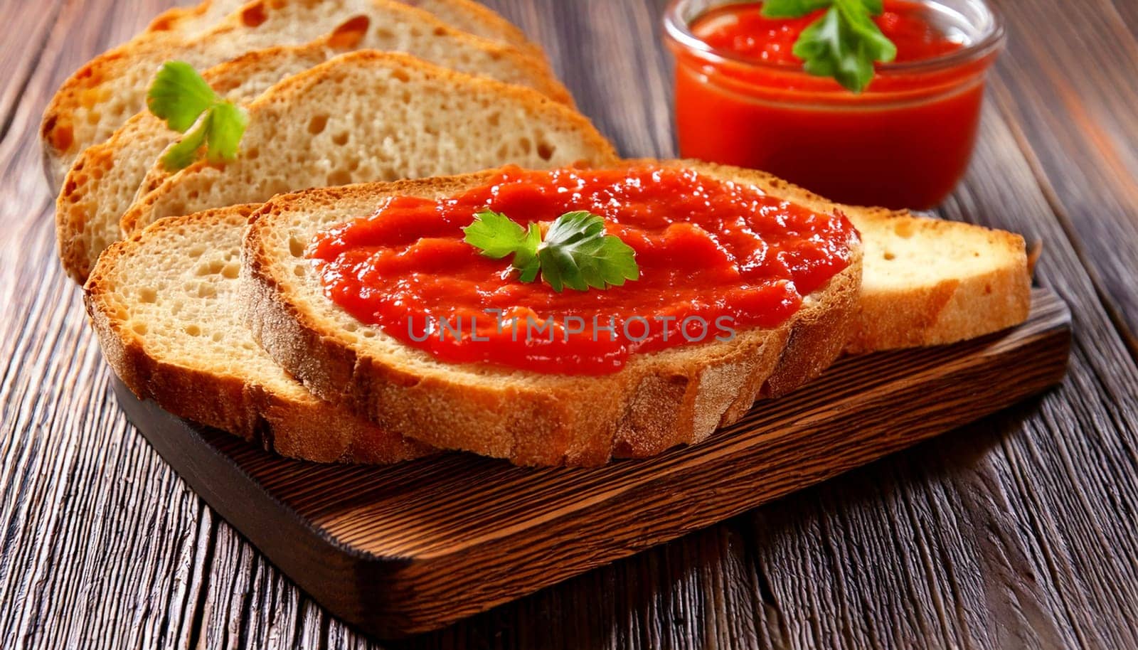 sliced bread with tomato sauce spread topping AI generated image