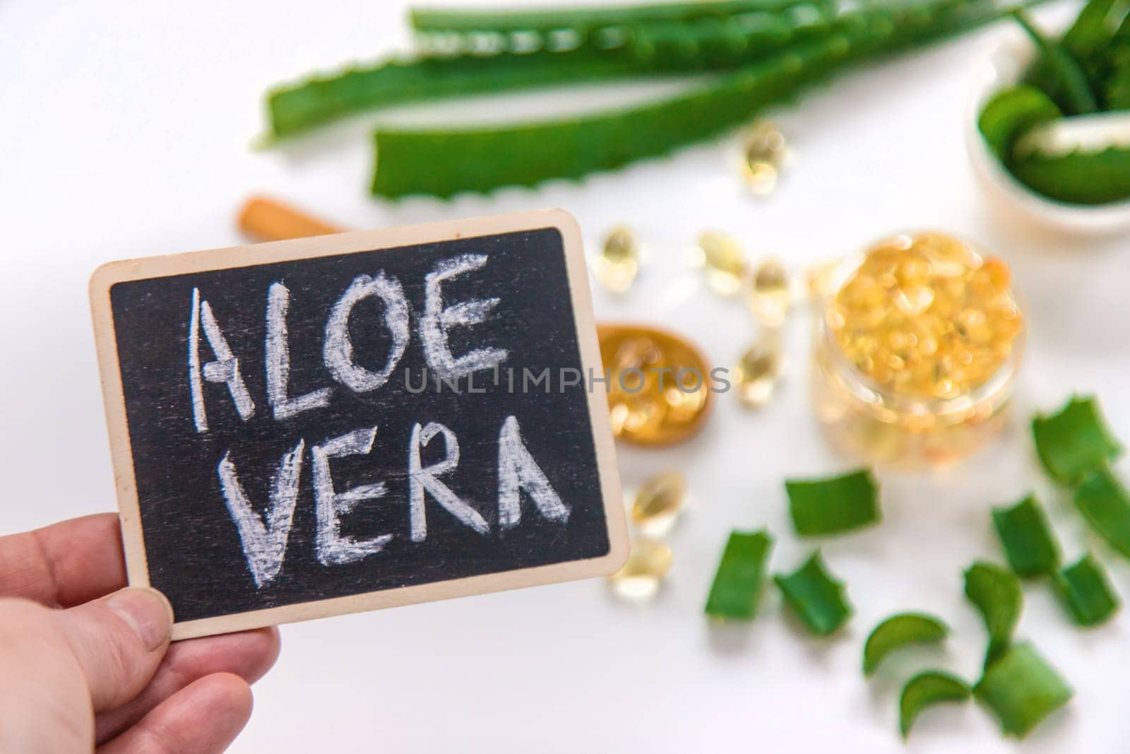 Aloe vera capsules and extract drops. Selective focus. nature.