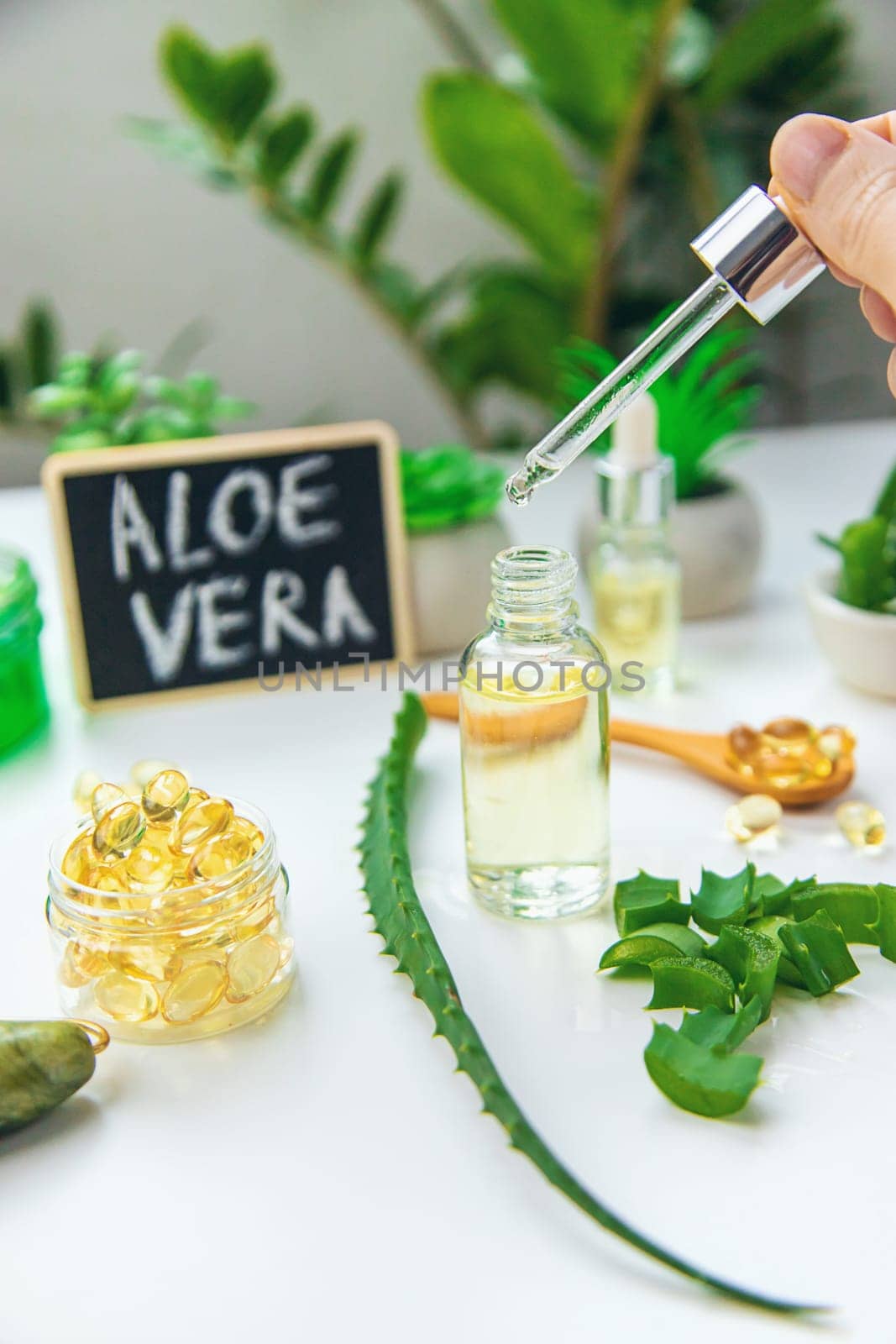 Aloe vera capsules and extract drops. Selective focus. nature.