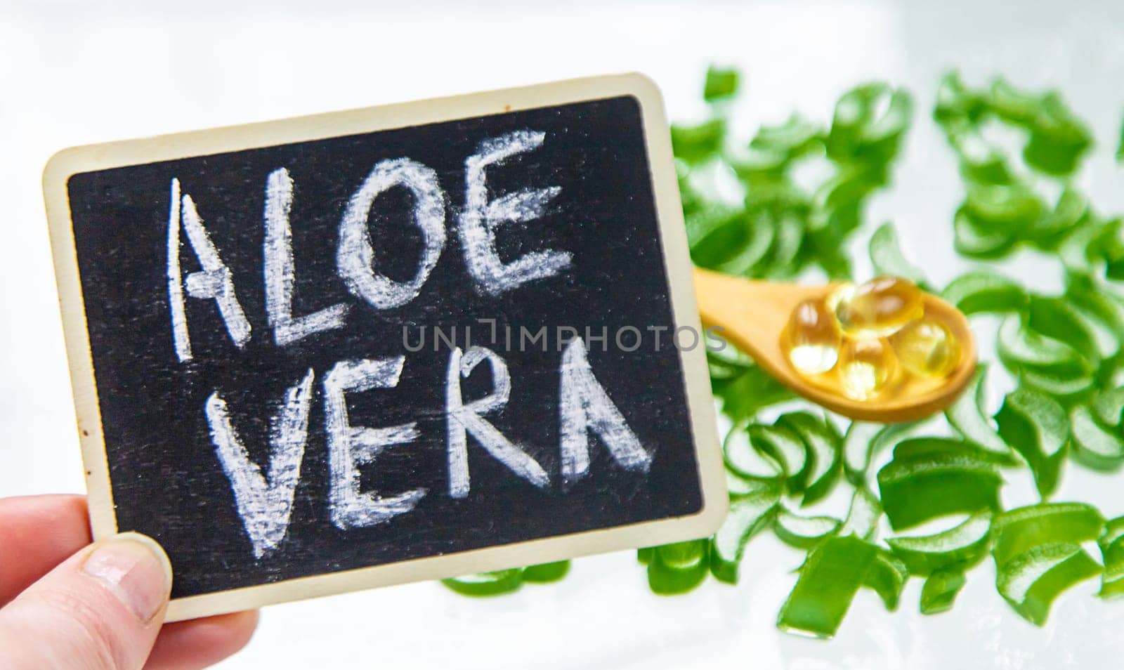 Aloe vera capsules and extract drops. Selective focus. nature.