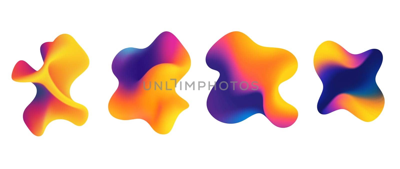 Dynamic and colorful shapes flow into one another, showcasing gradients of yellow, orange, purple, and blue. These abstract forms create a captivating visual experience with smooth transitions.