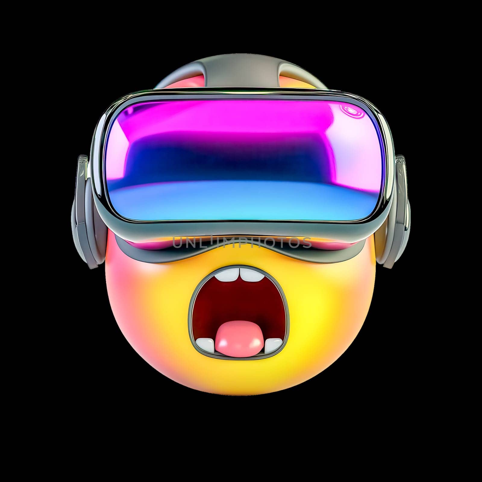 Shocked emoji wearing a vr headset and experiencing virtual reality in metaverse with transparent background, perfect for digital art projects