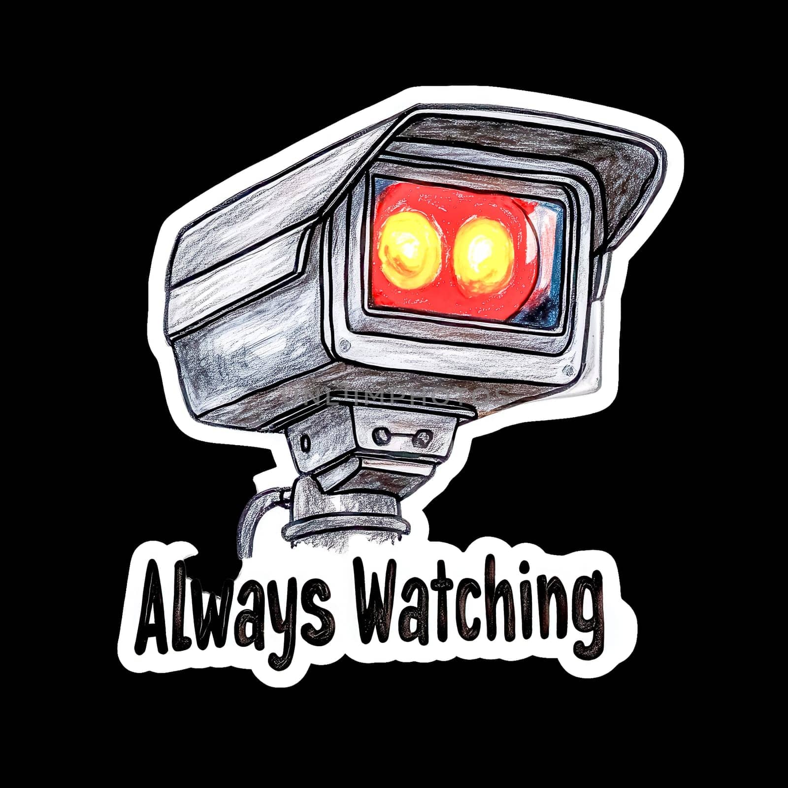 Hand drawn sticker featuring a surveillance camera with glowing red lights, accompanied by the text always watching on a transparent background