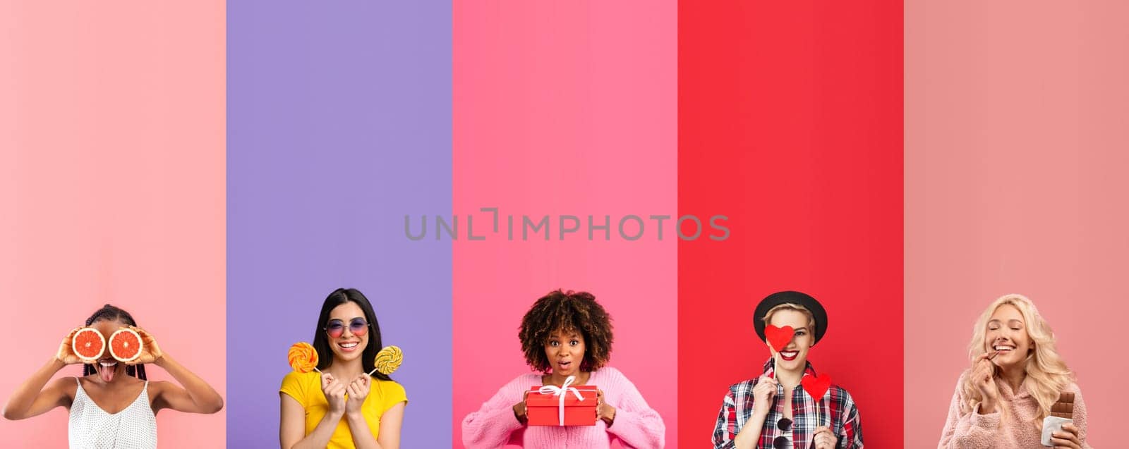 Five women express their joy and affection for St. Valentine's Day with colorful props, smiles, and gifts against a backdrop of vibrant stripes.
