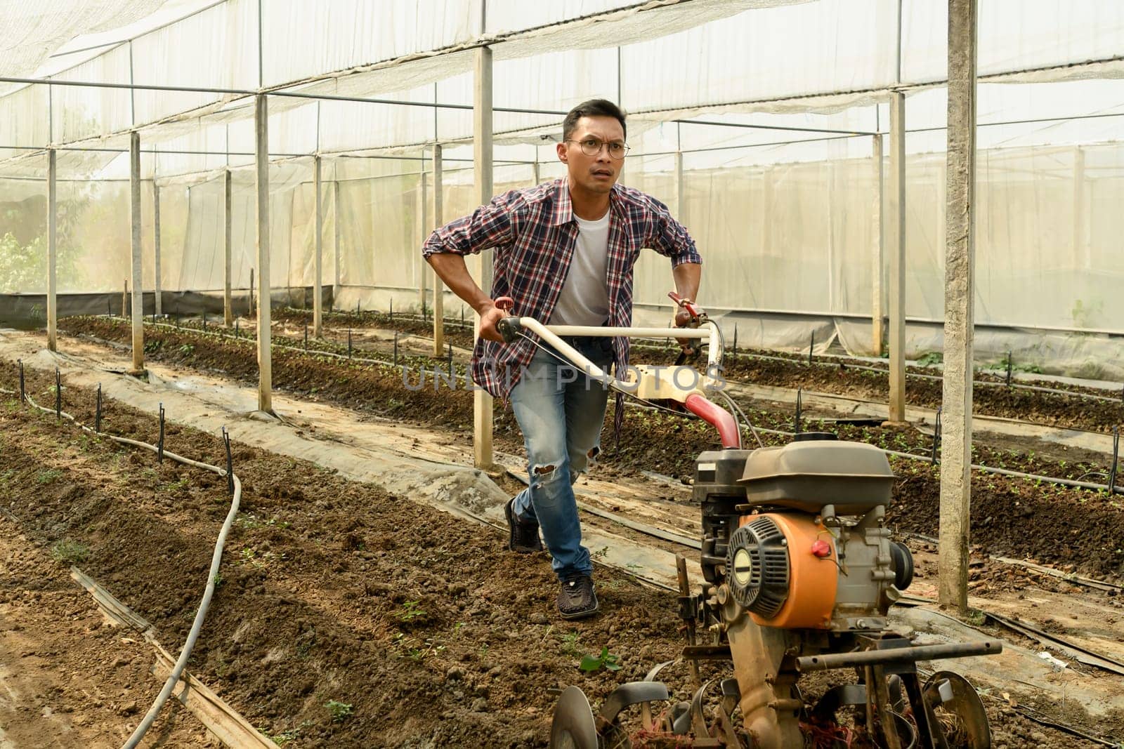 Farmer tilling soil in a greenhouse preparing the land for planting.