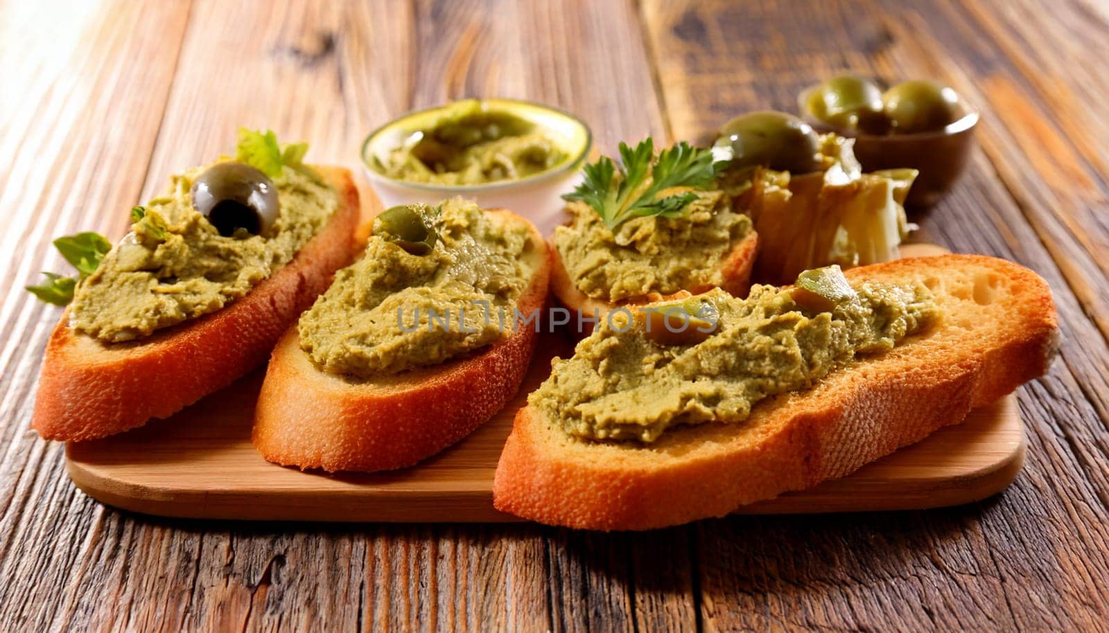sliced bread with olive pate spread topping AI generated image