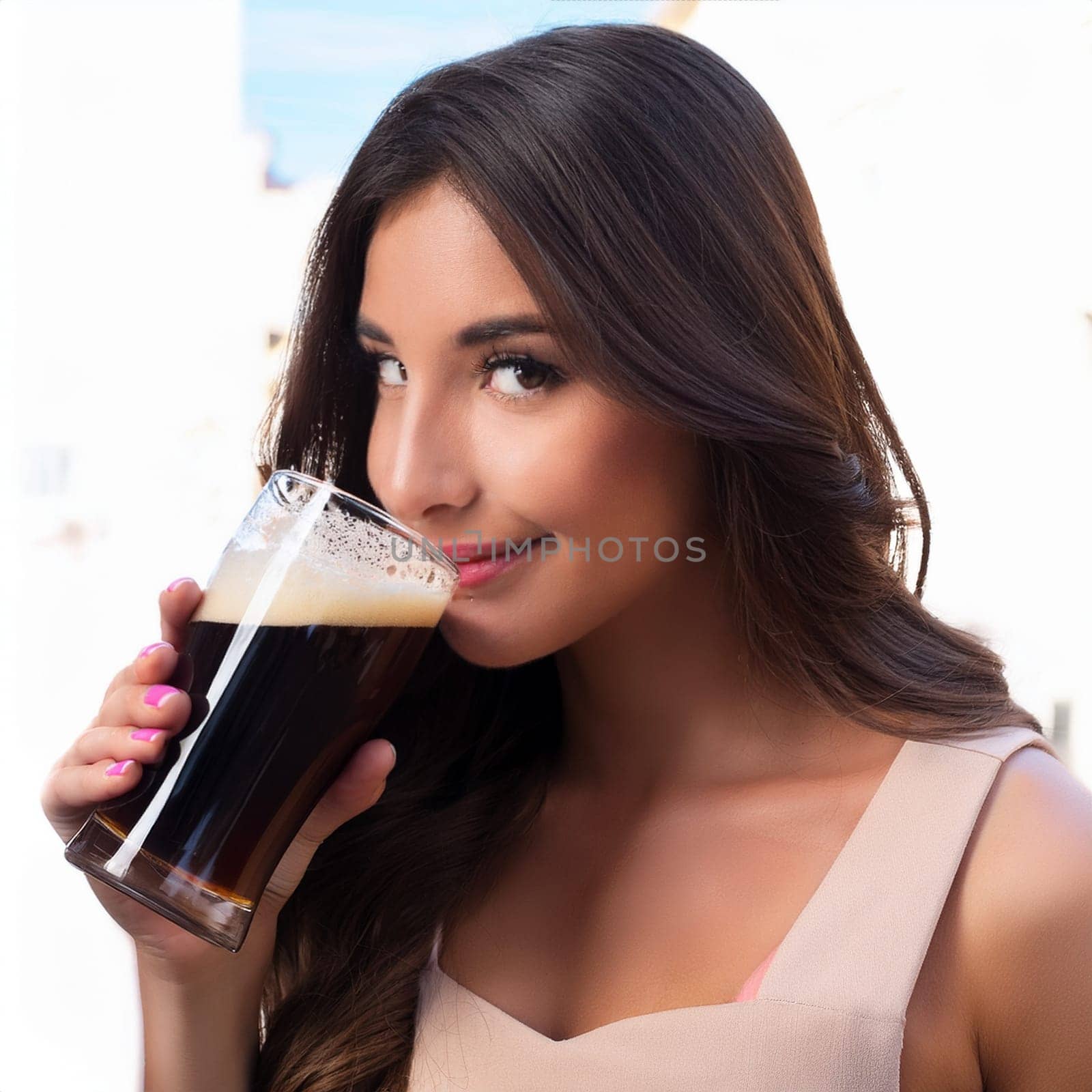 pretty young woman drinking stout beer, AI generated image