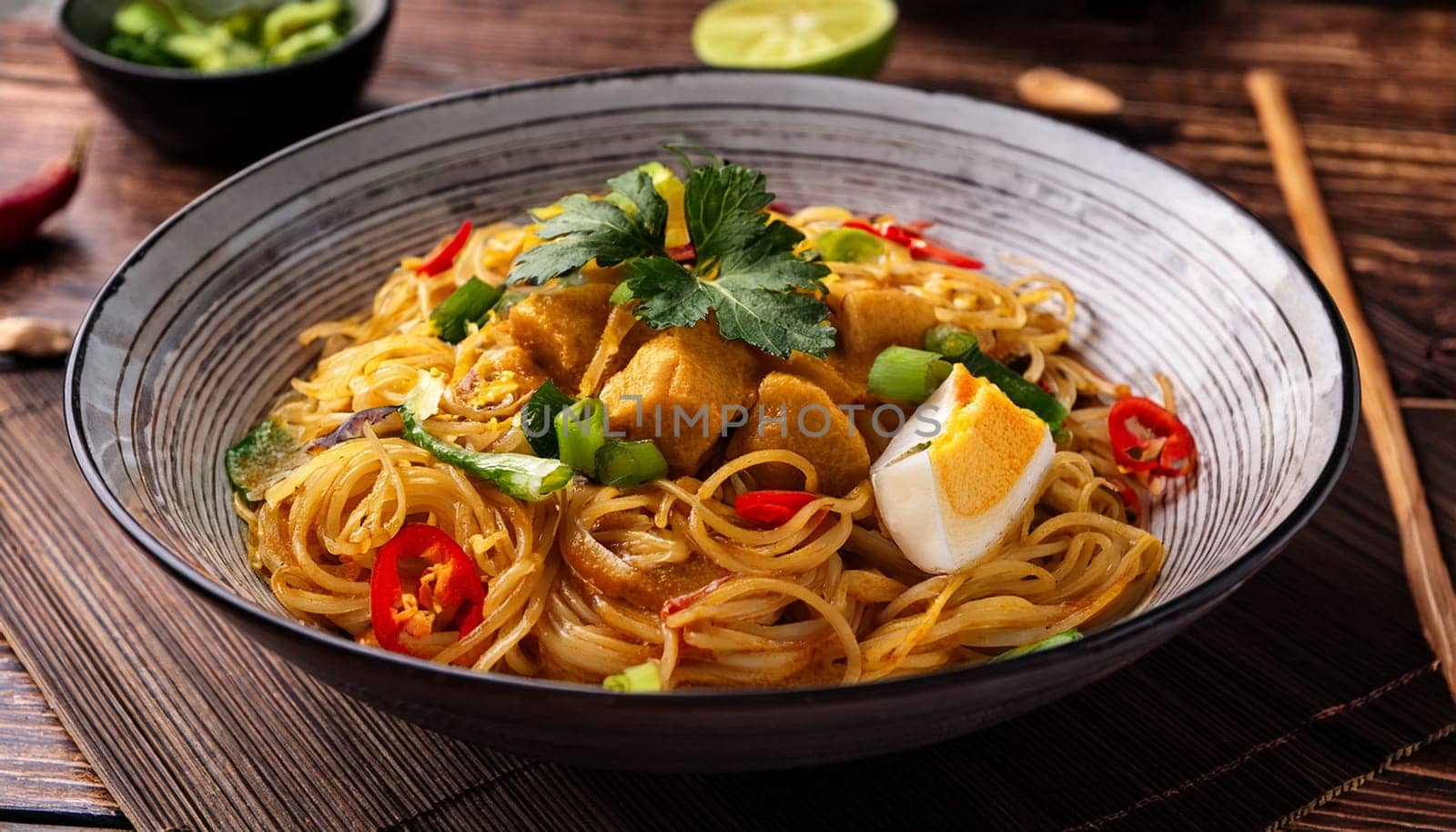 vegetarian curry noodles food AI generated image