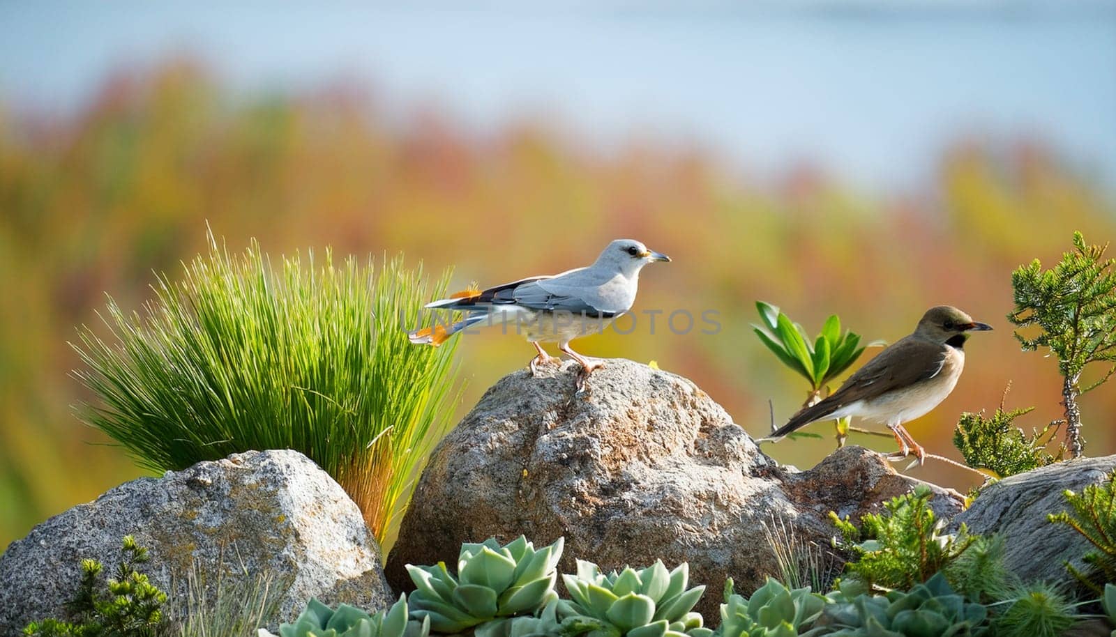 birds on rocks with plants AI generated image
