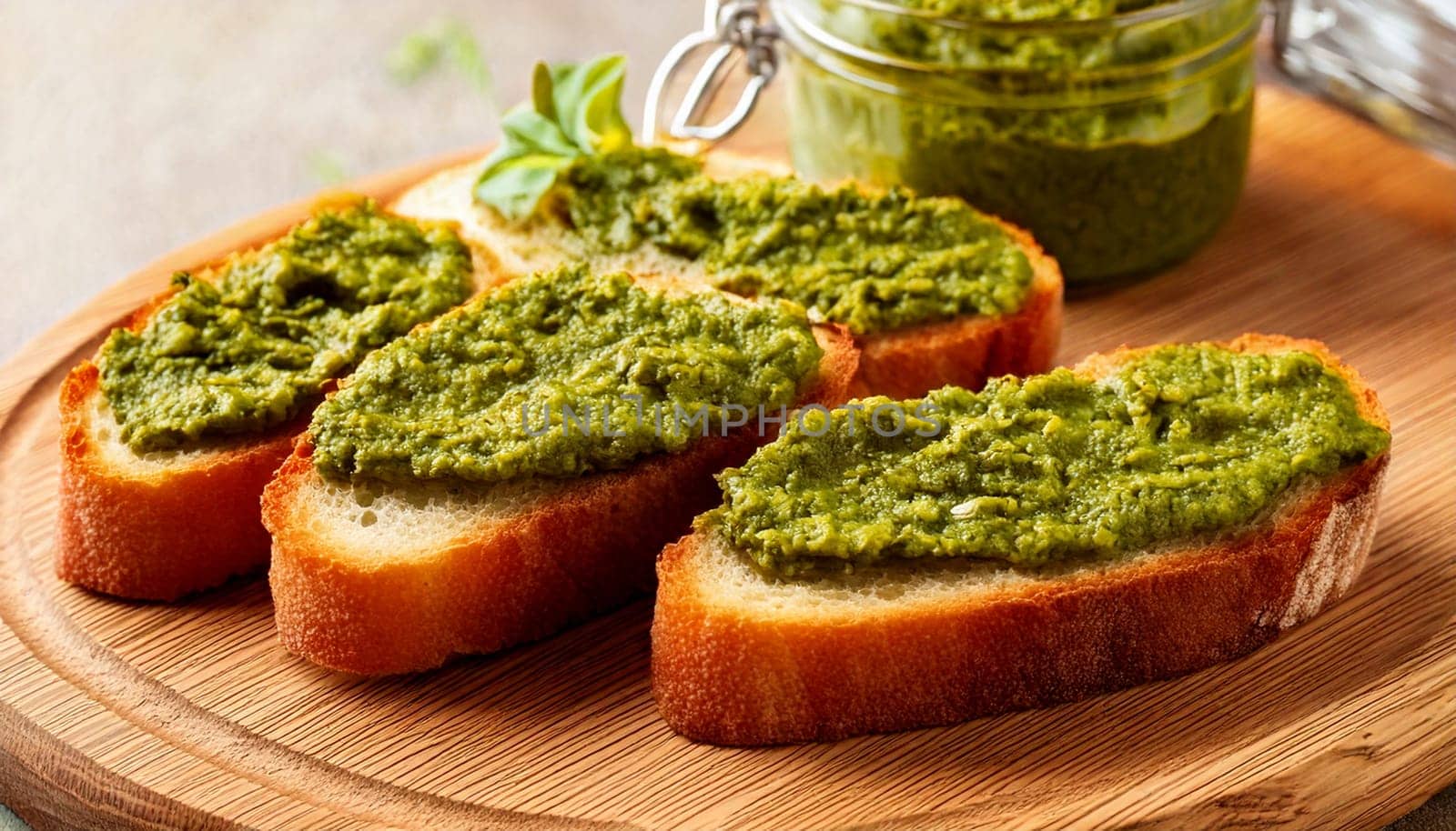 sliced bread with pesto spread topping AI generated image