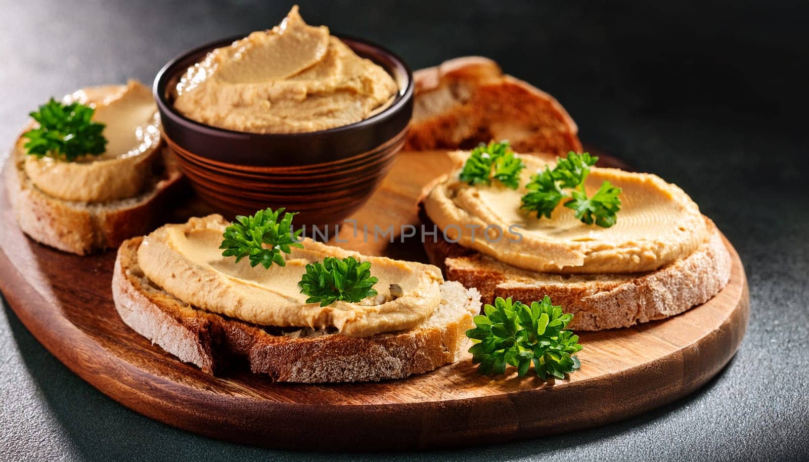 sliced bread with hummus spread topping AI generated image
