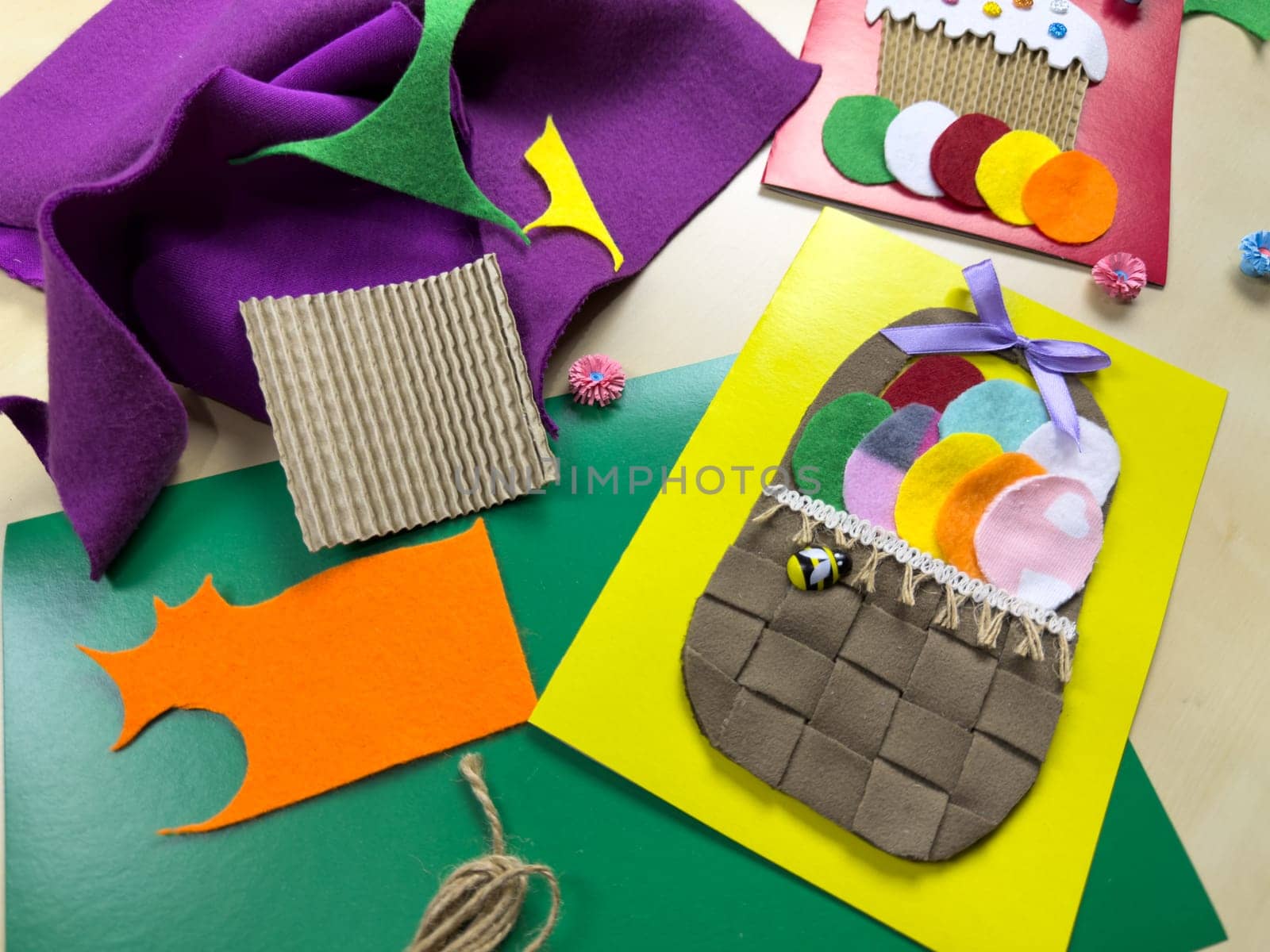 Engaging and creative process of making vibrant Easter cards using felt, yarn, and assorted decorations. Perfect for spreading joy and celebrating the spirit of Easter and spring