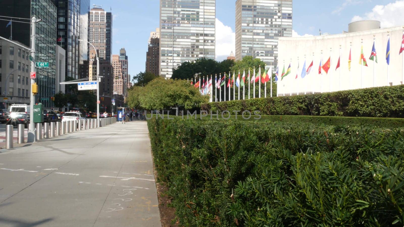 New York City, United States - 12 Sept 2023: United Nations UN Headquarters, Manhattan Midtown, USA. Diplomatic political international organization. Flags row for General Assembly conference session.