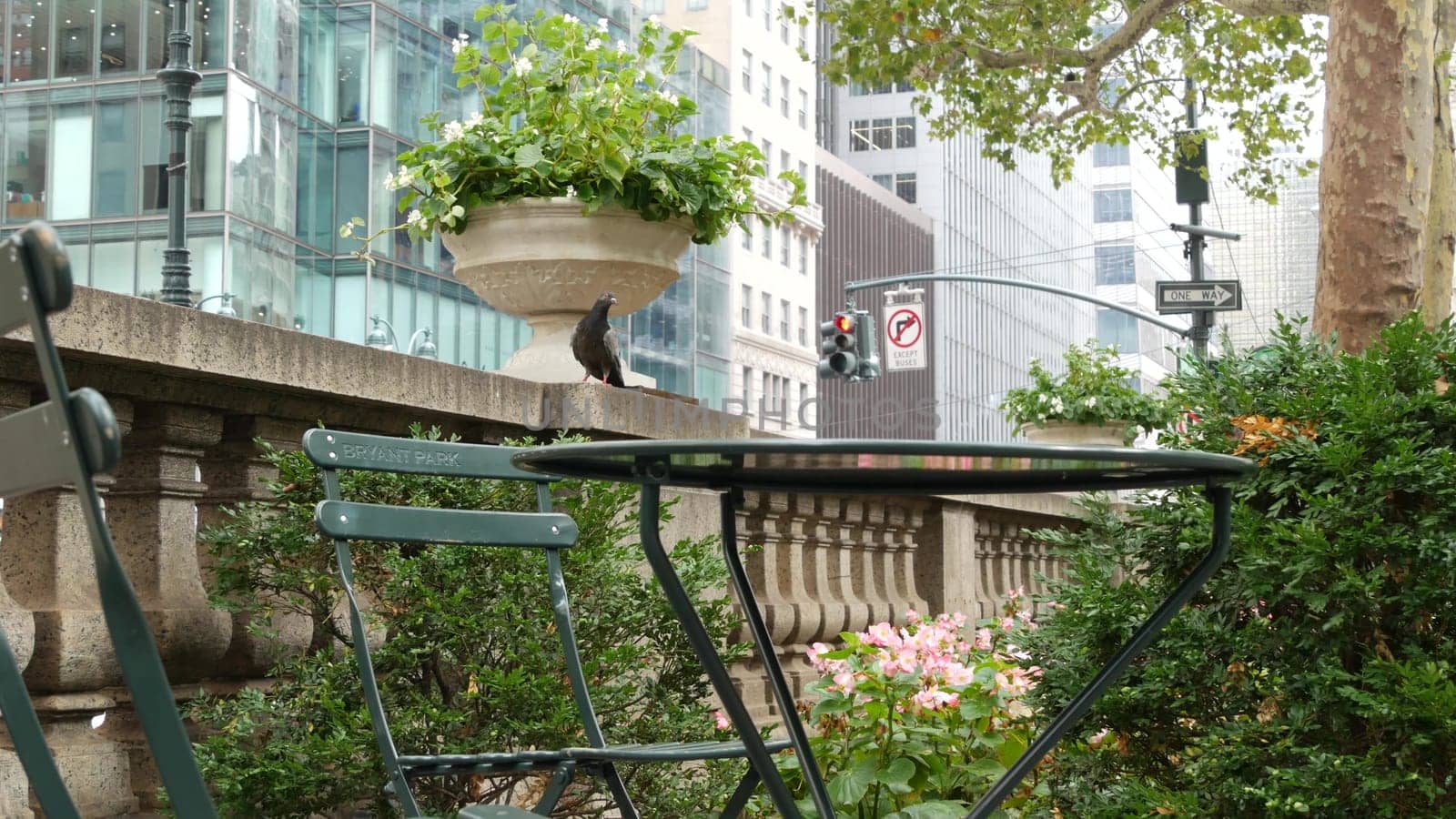 New York City, United States - 13 Sept 2023: Manhattan Midtown Bryant Park with Public library, 42 street and 5th Fifth 5 avenue corner. USA landmark. Sign on empty chair and table in summer greenery.