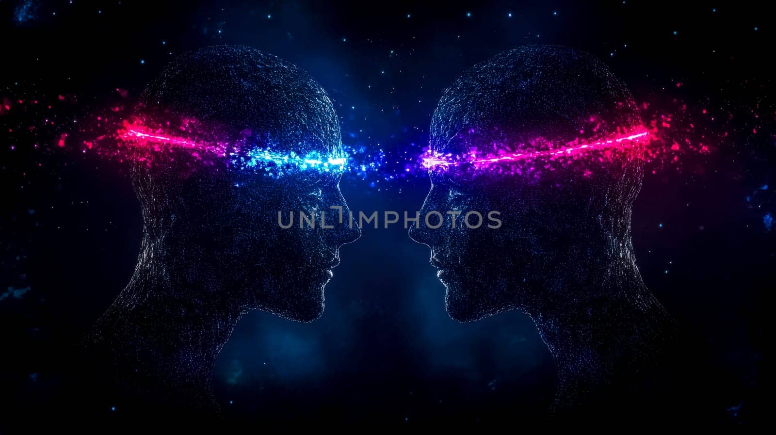 Two digital heads face each other, connected by a vibrant, glowing bridge of light, symbolizing the exchange of thoughts and ideas in a technological world
