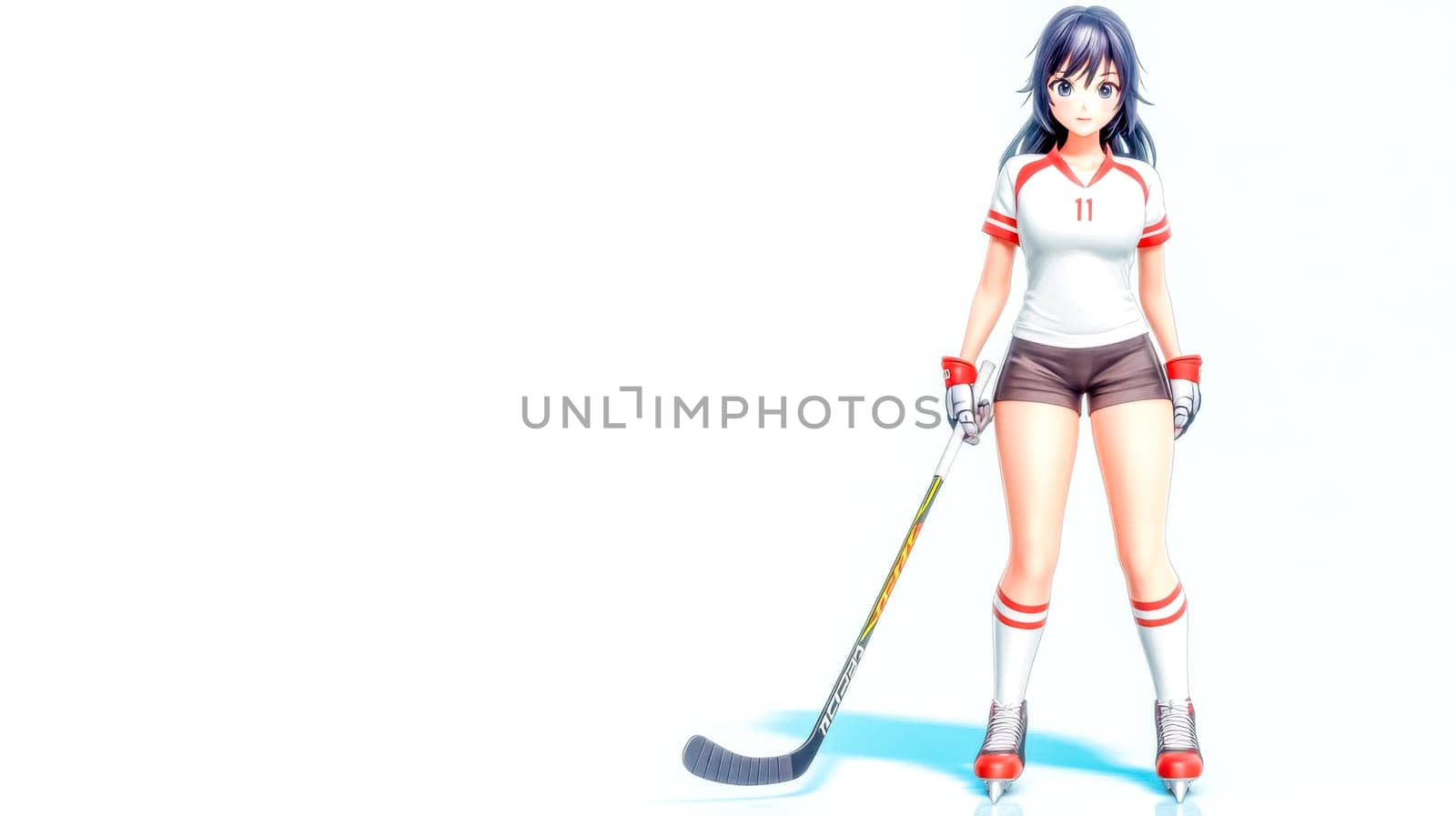 3d rendered anime hockey player stands confidently on the ice, stick in hand, ready for the next face off, showcasing athleticism and determination in a dynamic pose