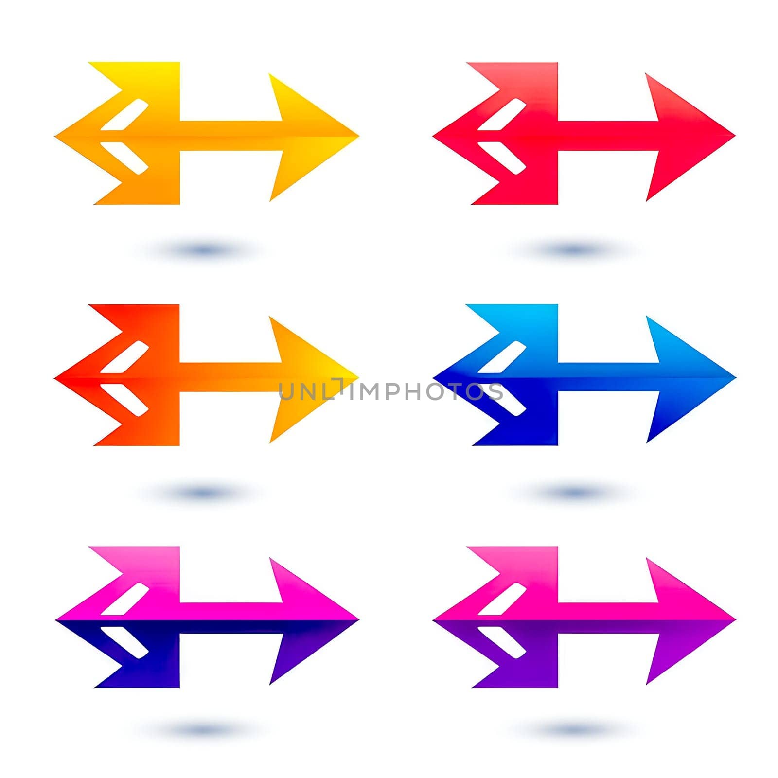 Six colorful arrows with stylized tails are pointing right, casting shadows on a white background, conveying direction, progress, and visual guidance