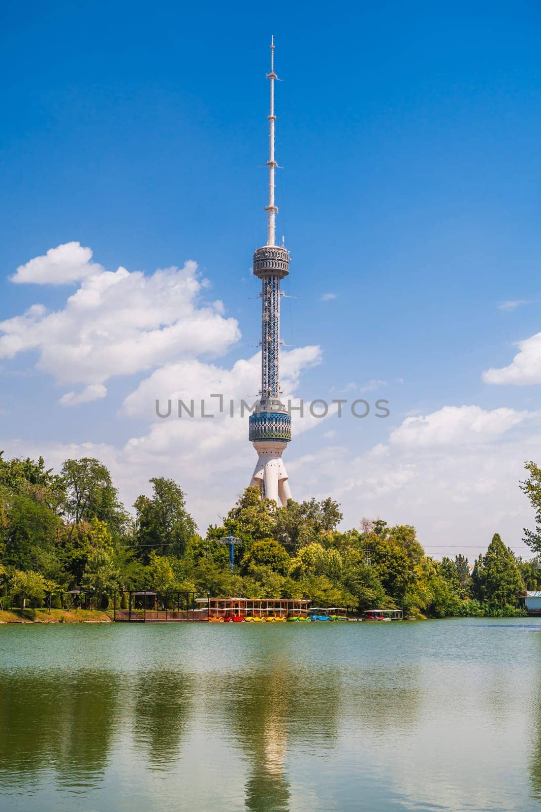 tall television TV tower in Tashkent in Uzbekistan on the background of a blue sky