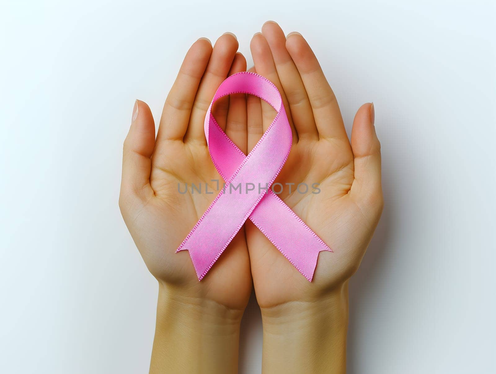 Two hands gently holding a pink ribbon, symbol of breast cancer awareness, care, and hope. Ideal for medical, charity, health campaigns, prevention efforts, and emotional support visuals.