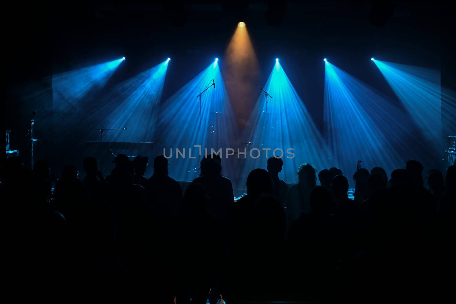 Musician stands center stage surrounded by blue lighting, creating a vibrant atmosphere. The audience watches intently, enjoying the live musical experience.