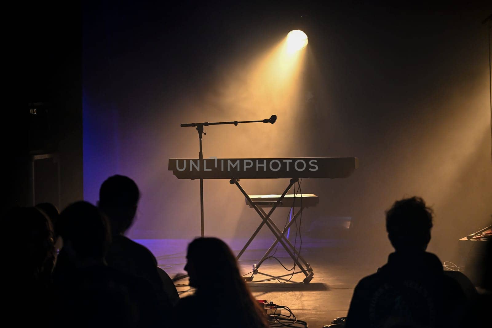 Dimly lit venue features a spotlight illuminating a piano on stage, while a gathered audience eagerly awaits the performance, creating an atmosphere of excitement.