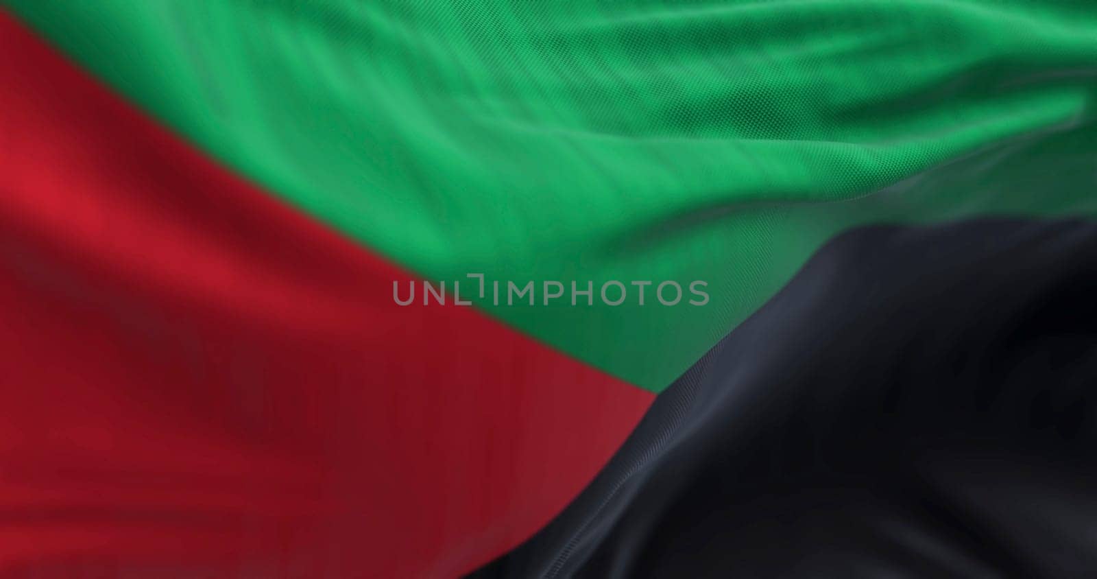 Close-up of the Martinique flag waving dynamically in the wind, photorealistic 3D render against a clear blue sky
