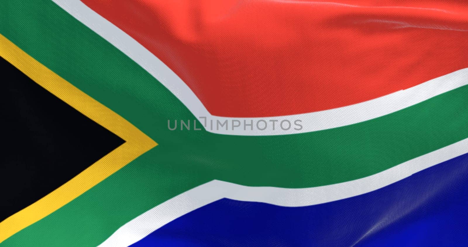 Photorealistic 3D render of the South African flag waving against a clear sky, representing unity, diversity, and national pride