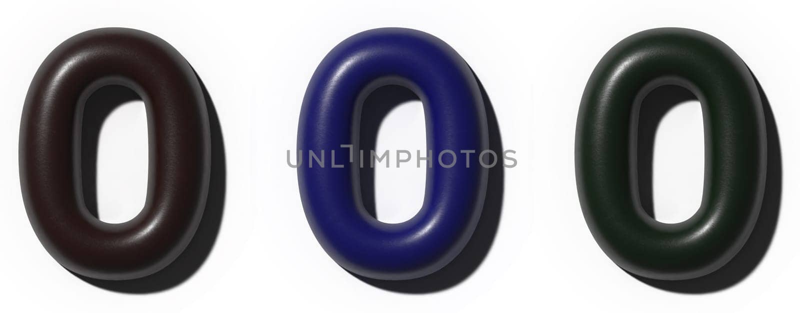 Three zeros with shadow and smooth surface on isolated background, 3D rendering illustration