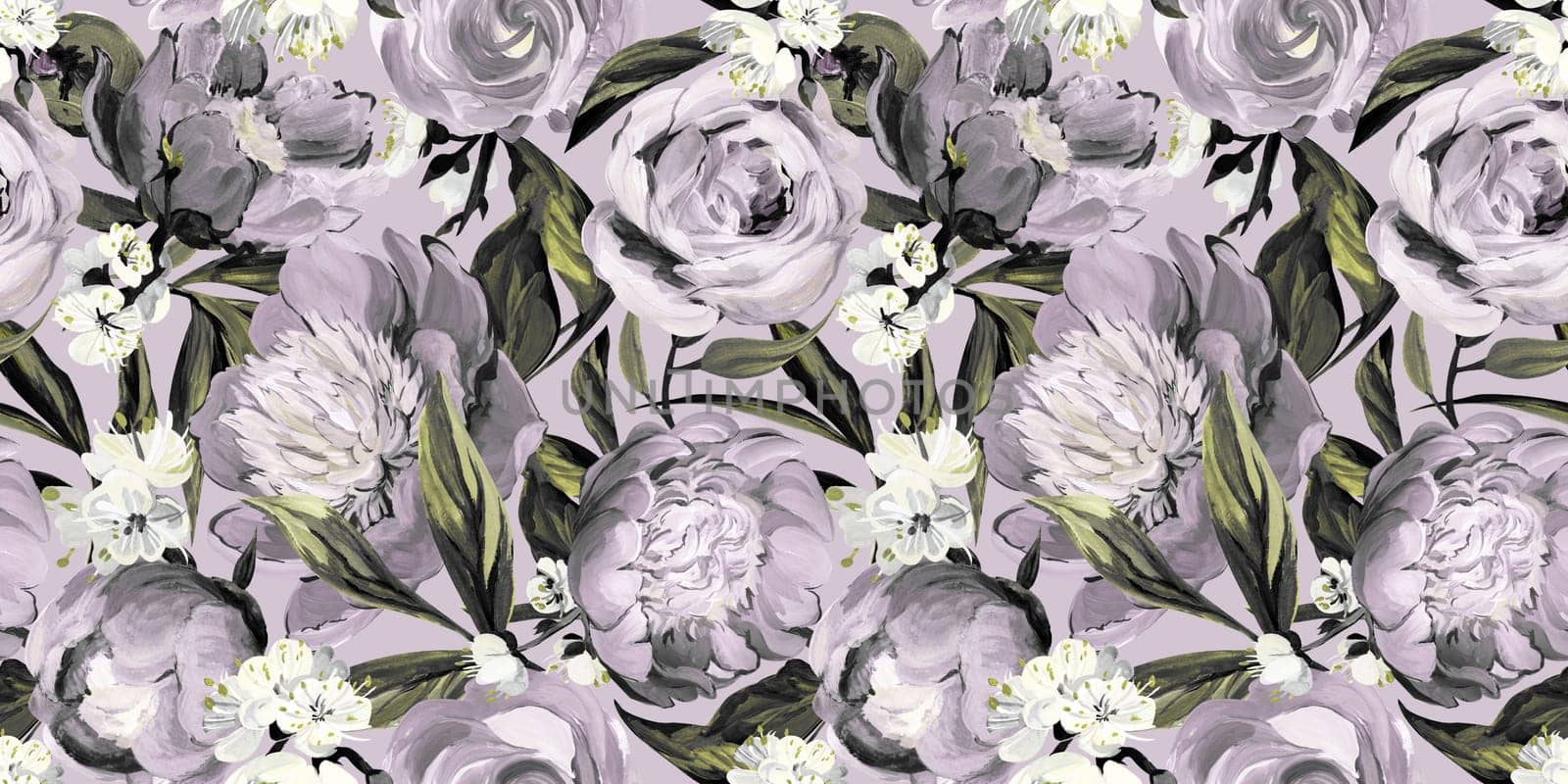 Seamless monochrome spring pattern drawn in gouache with pink peonies for trxtile