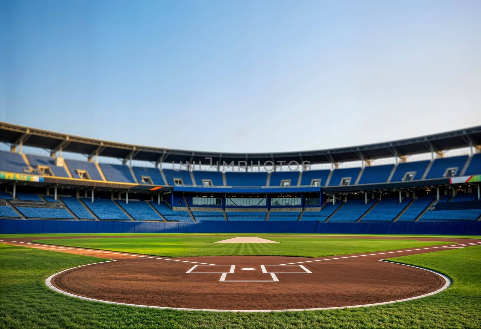 Empty baseball stadium with home plate, dirt infield, green grass and blue seats under clear sky, perfect for sports events, competition, and editorial use, AI generated