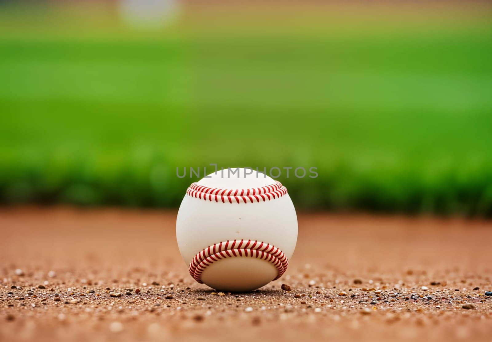 Baseball on dirt field with blurred green grass background, red stitching, natural light, sharp focus on ball, perfect for sports, recreation, and competition concepts, AI generated.
