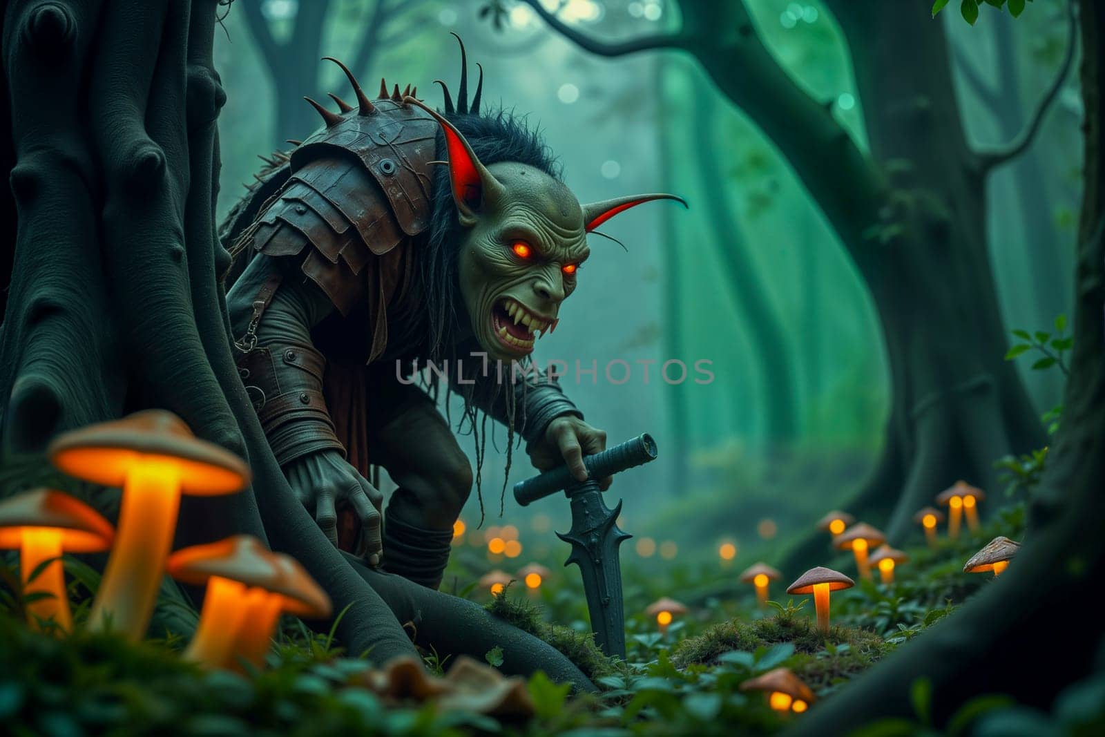 Menacing goblin warrior hiding behind twisted tree in dark misty forest, glowing eyes, jagged blade, bioluminescent mushrooms and eerie fog, dark fantasy scene, AI generated.