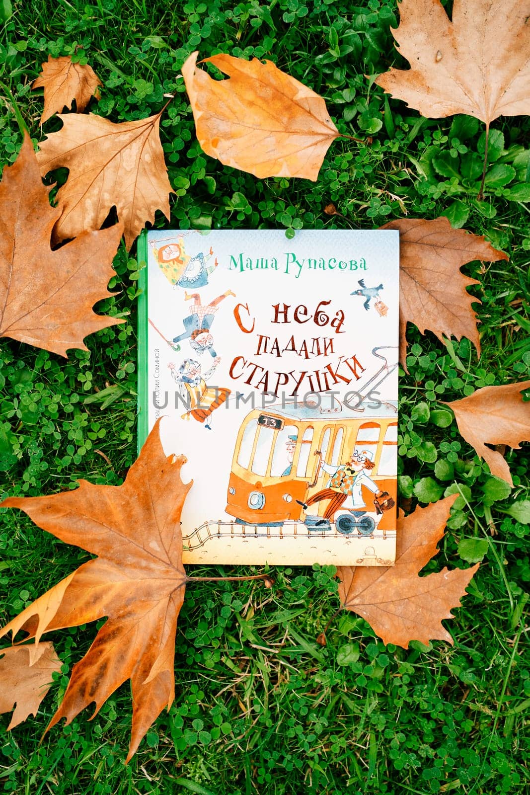 Children book with pictures lies on the lawn among fallen leaves. Title: Old women fell from the sky. Masha Rupasova. High quality photo