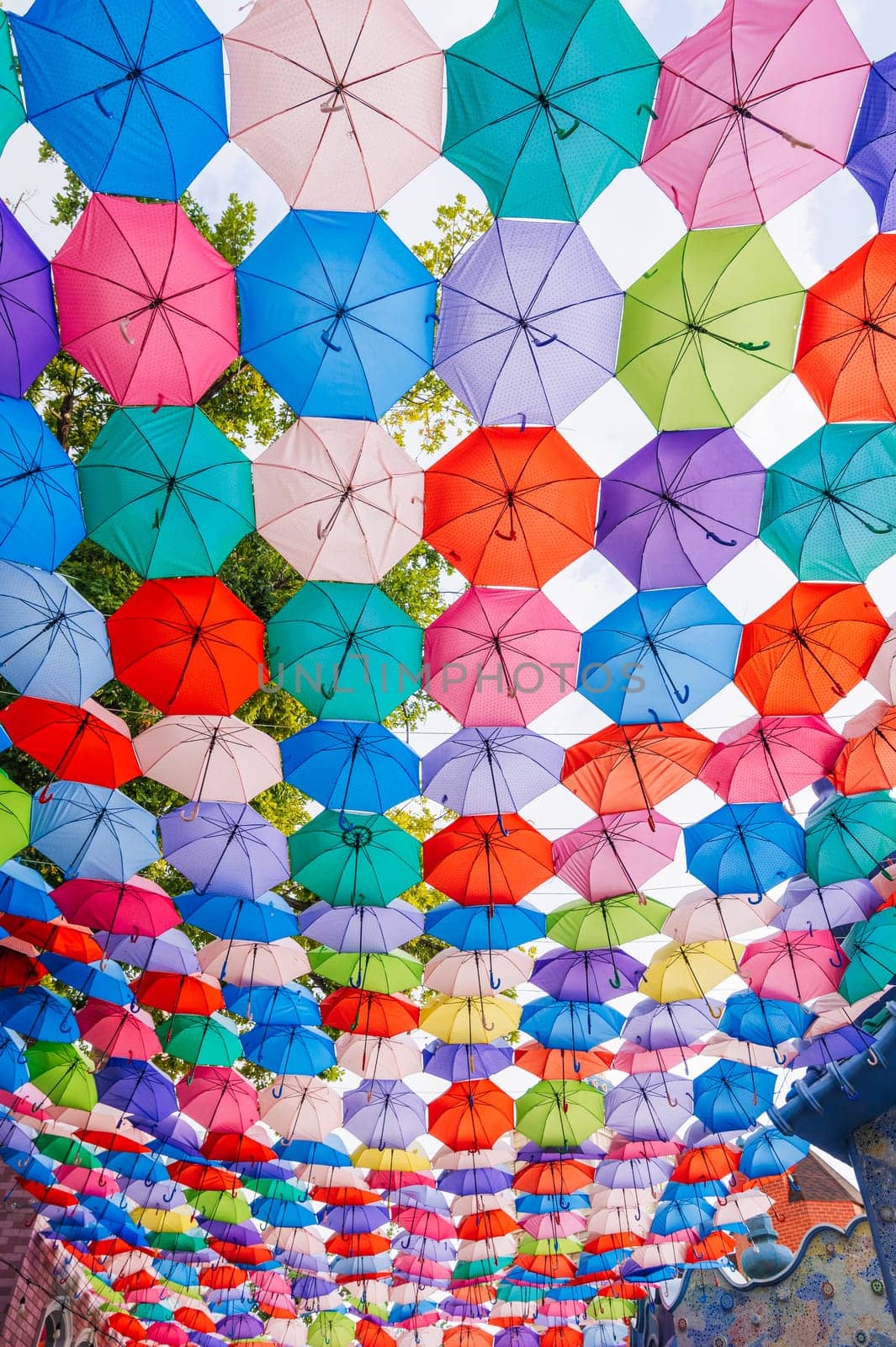 multicolored bright colorful umbrellas decoration on festive rainbow street in Tashkent in Uzbekistan